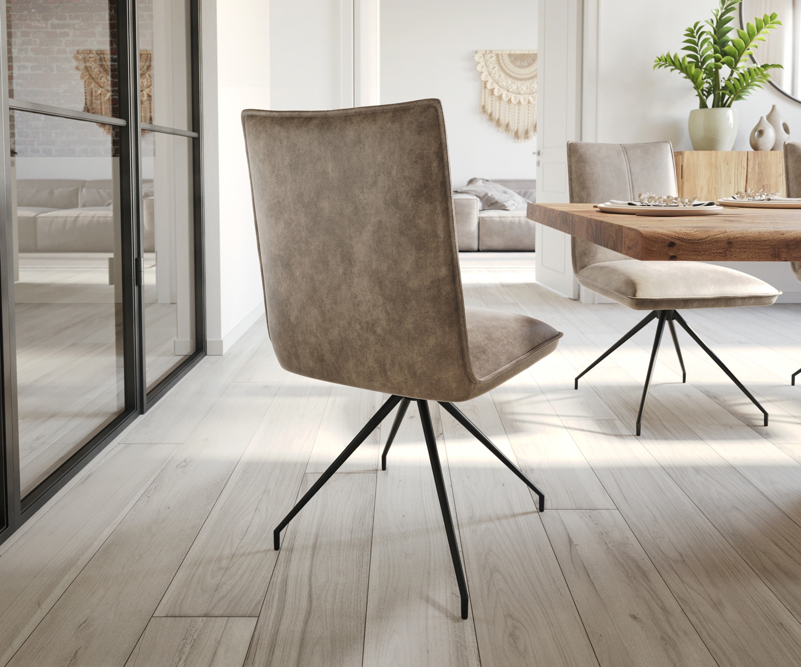Chaise-de-salle-à-manger Lelio-Flex microvelours taupe vintage pied croisé conique noir ressorts ensachés 4