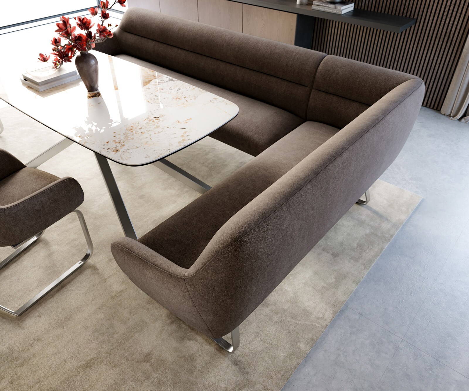 Esszimmerbank Taya-Flex 285x190 cm Strukturstoff Soft Taupe Kufengestell flach Edelstahl Taschenfederkern Links 3