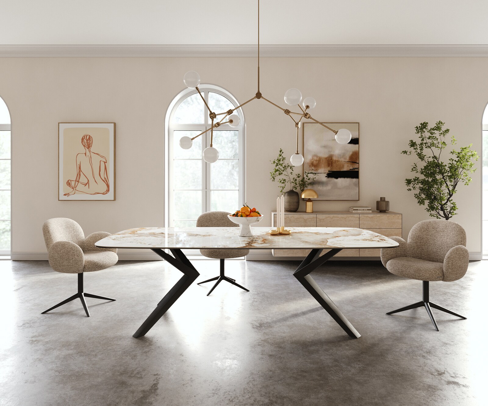Table à manger Edge Boot 240x120 cm Céramique Minas Melange Blanc-Beige Zenthara anguleux Métal Noir 2