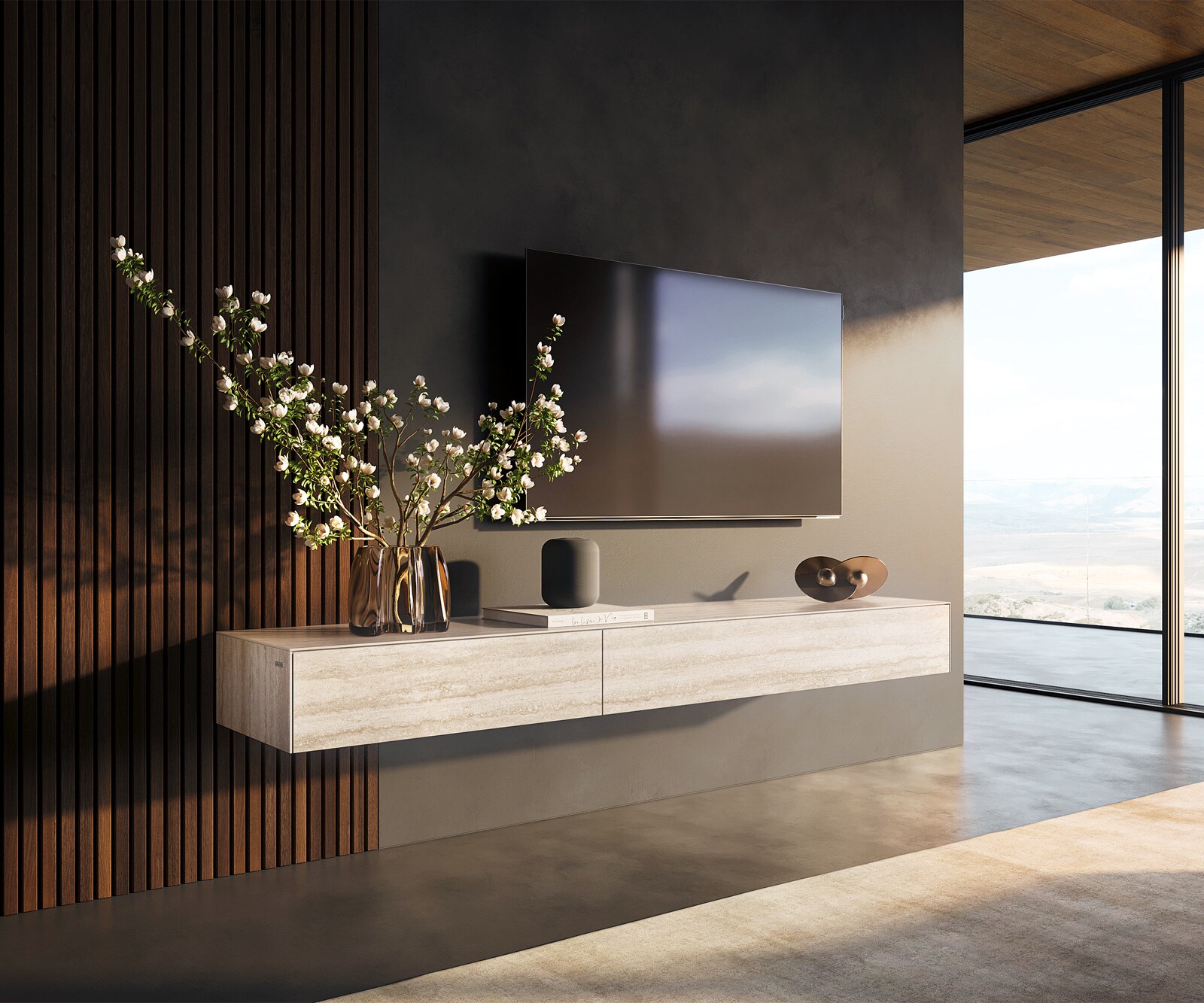 Meuble-TV Cuor 200 cm Céramique Laminam® Travertino Bianco Crème-blanc 1 Clapet 1 Tiroir Flottant
