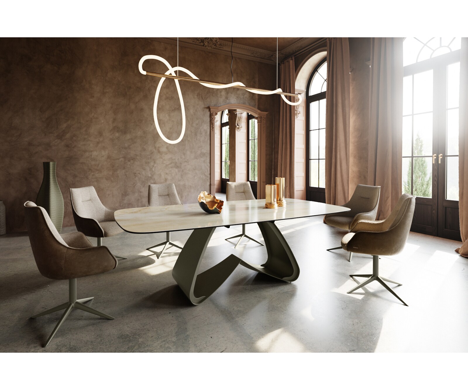 Table à manger Edge Boot 240x120 cm Céramique Iris FMG Onice Oro piètement en W Métal Finition effet Titan 5