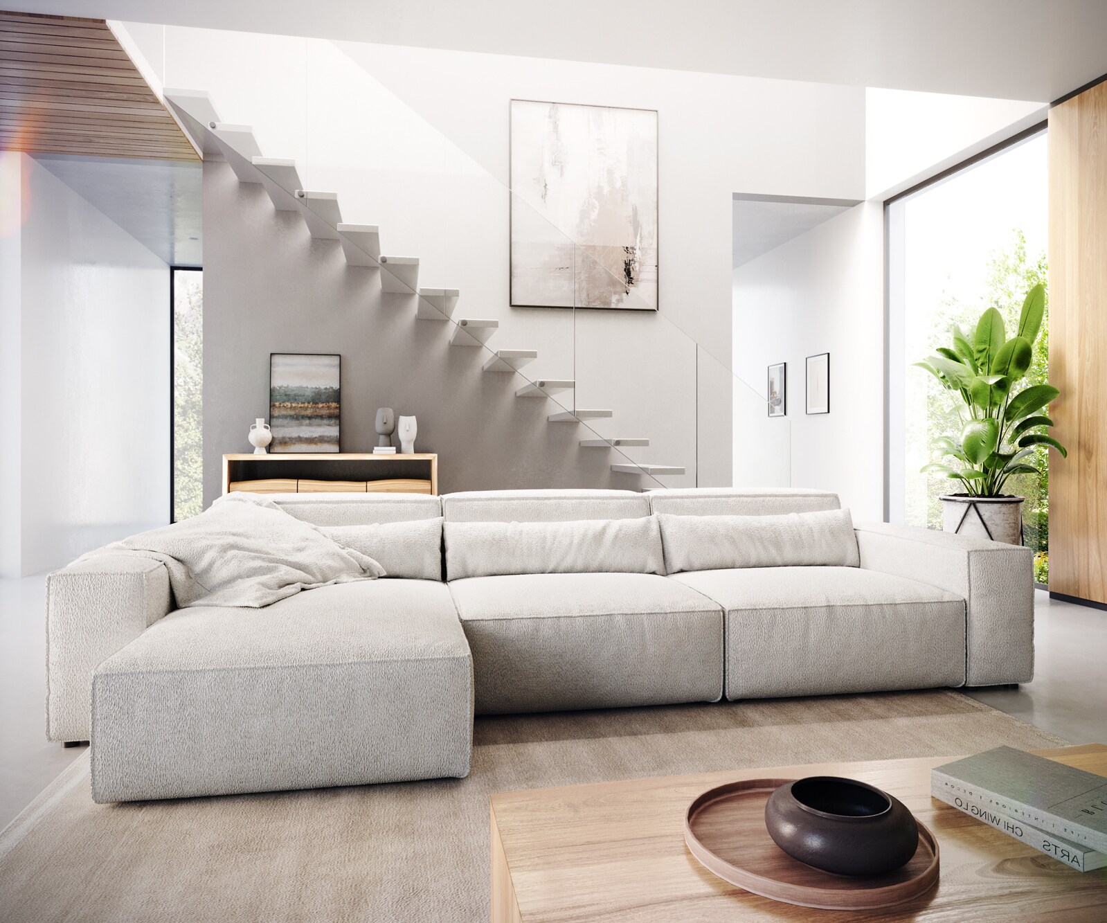 Canapé d'angle Sirpio L 350x160 cm Bouclee Crème-blanc Recamiere variable 1