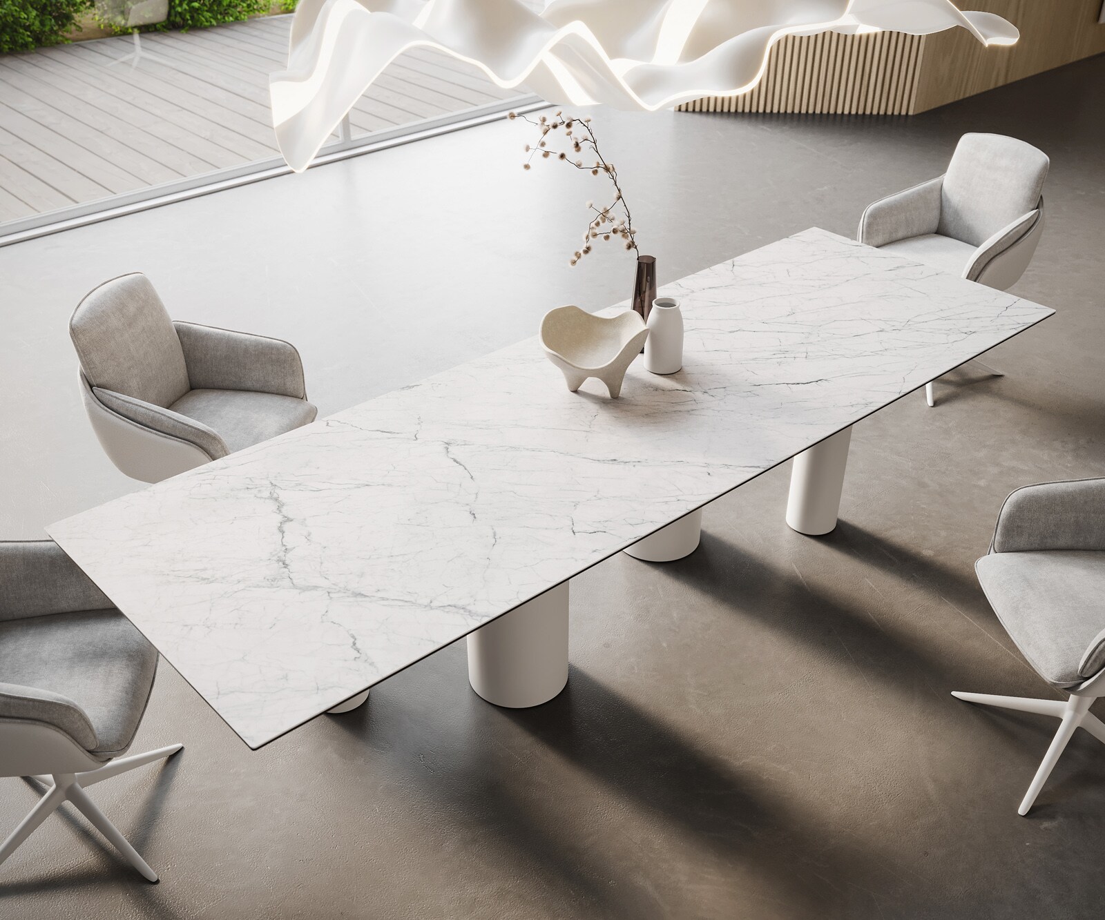 Table à manger Edge 300x100 Céramique Laminam®Statuarietto Blanc Pilier Métal Blanc 1