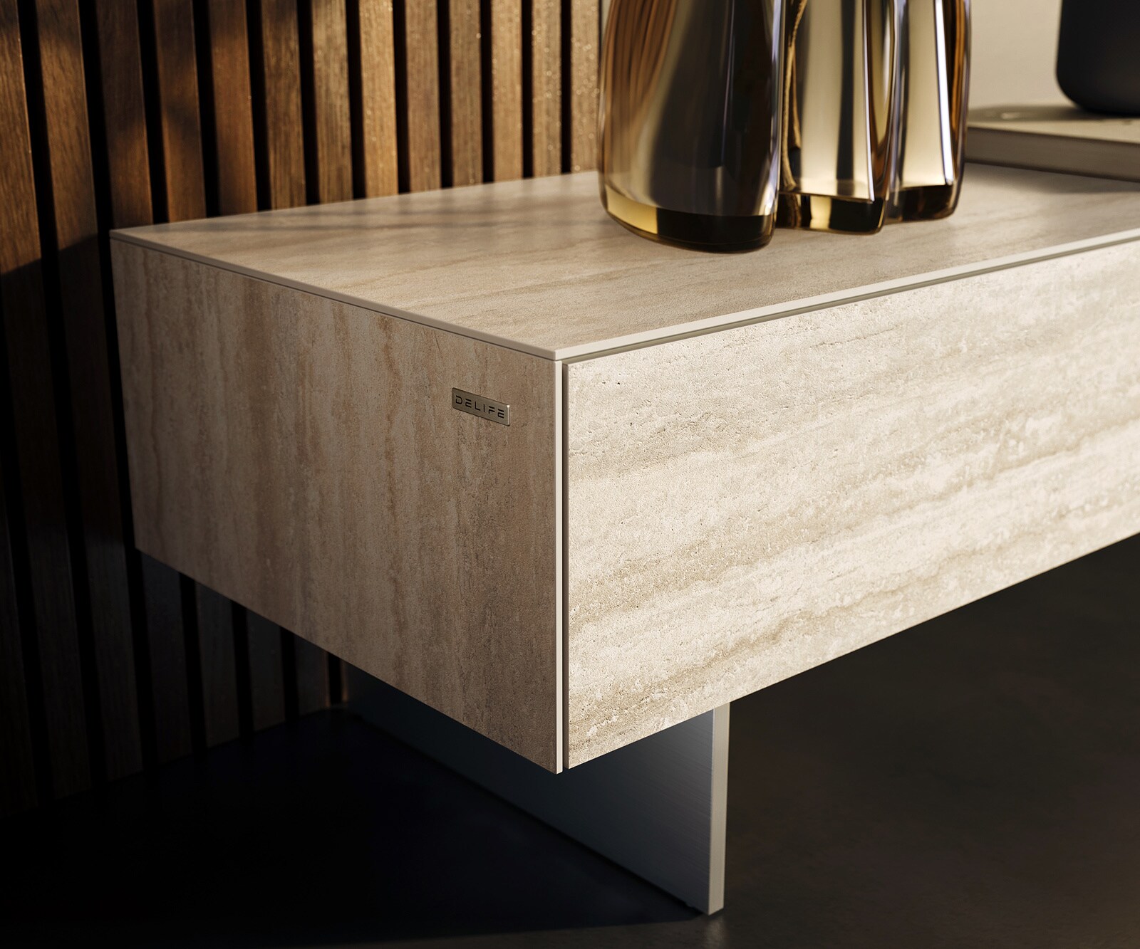 Lowboard Cuor 200 cm Keramik Laminam® Travertino Bianco Creme-Weiß 1 Klappe 1 Schubfach Fuß Schwebeoptik Edelstahl 7