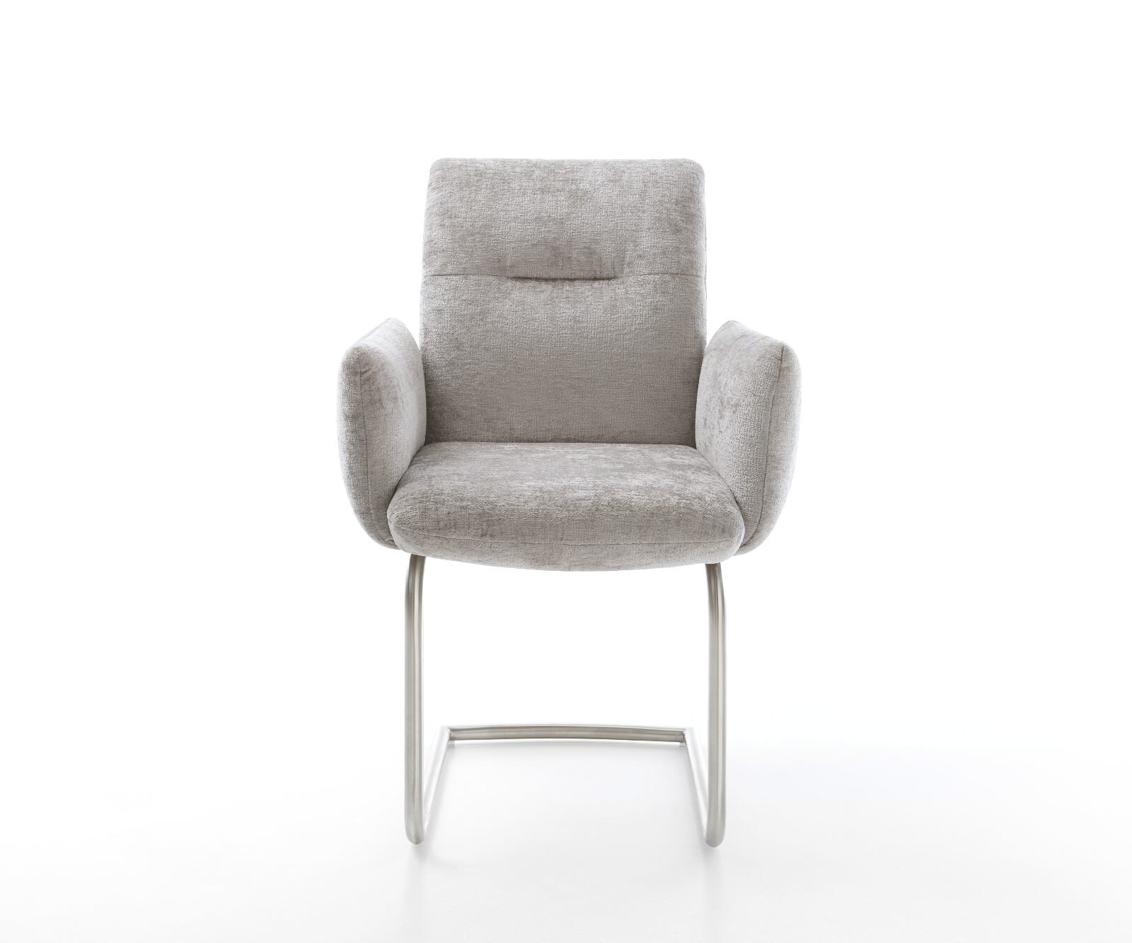 Cantilever Jova-Flex avec accoudoirs chenille gris argenté pied cantilever rond acier inoxydable brossé ressorts ensachés 2