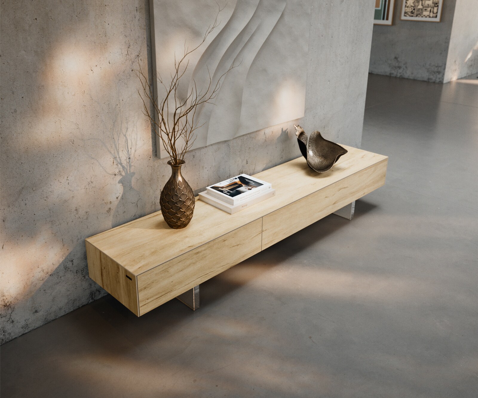 Meuble-TV Cuor 200 cm Céramique Laminam® Sabbia Teinte chêne 1 Clapet 1 Tiroir Pied optique flottant Verre acrylique 3