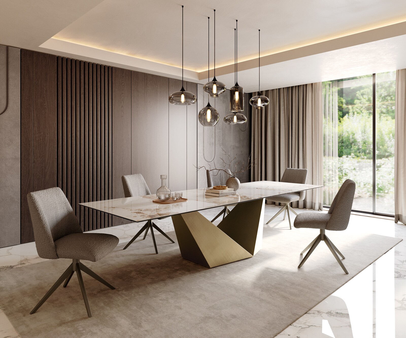 Esstisch Edge 300x100 Keramik Minas Melange Weiß-Beige Prisma Metallic Gold 7