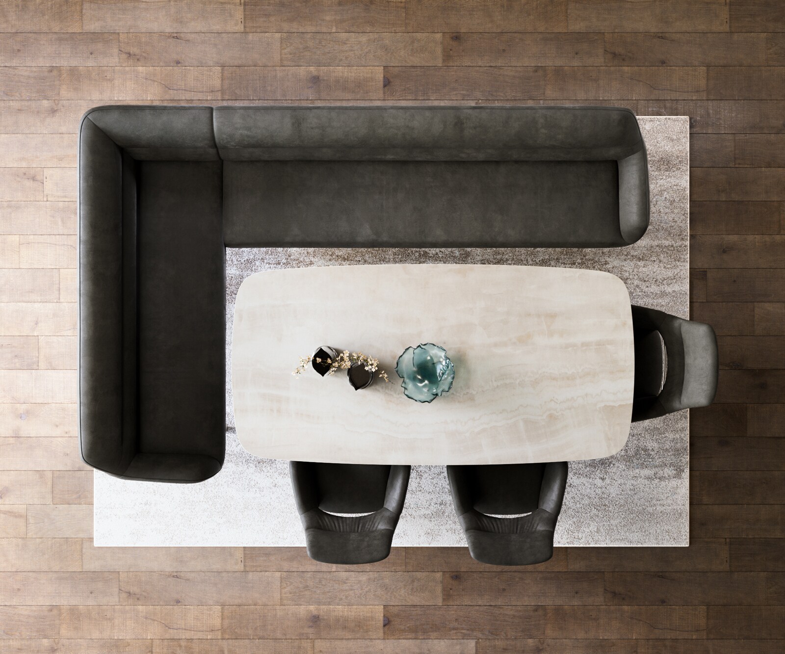 Banc-de-salle-à-manger Taya-Flex 285x190 cm microfibre antracite vintage châssis à patins plat noir ressort ensaché liens 6