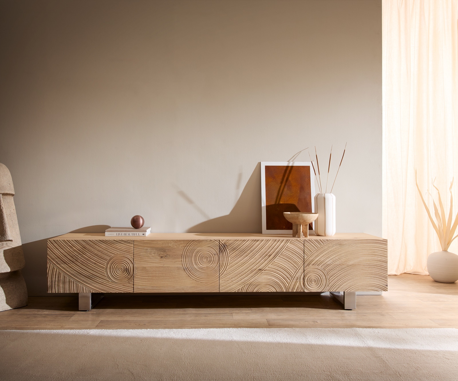 Lowboard Ashara 220 cm Eiche Natur 3D Effekt 4 Türen Kufe Edelstahl gebürstet 2