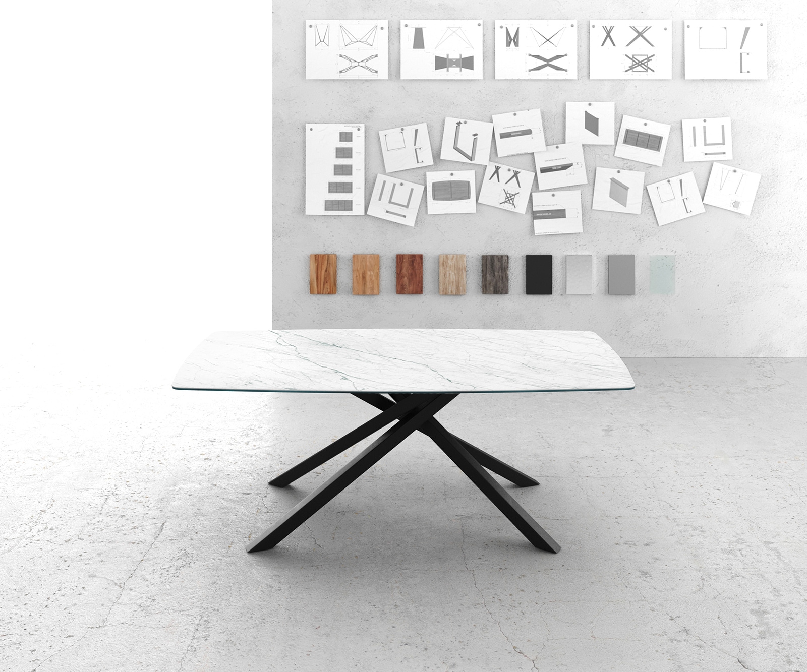 Esstisch Edge Bootsform 200x100cm Keramik Laminam®Statuarietto Weiß Mittelfuß Kreuz Schwarz 1 Esstisch Edge Bootsform 200x100cm Keramik Laminam®Statuarietto Weiß Mittelfuß Kreuz Schwarz 1