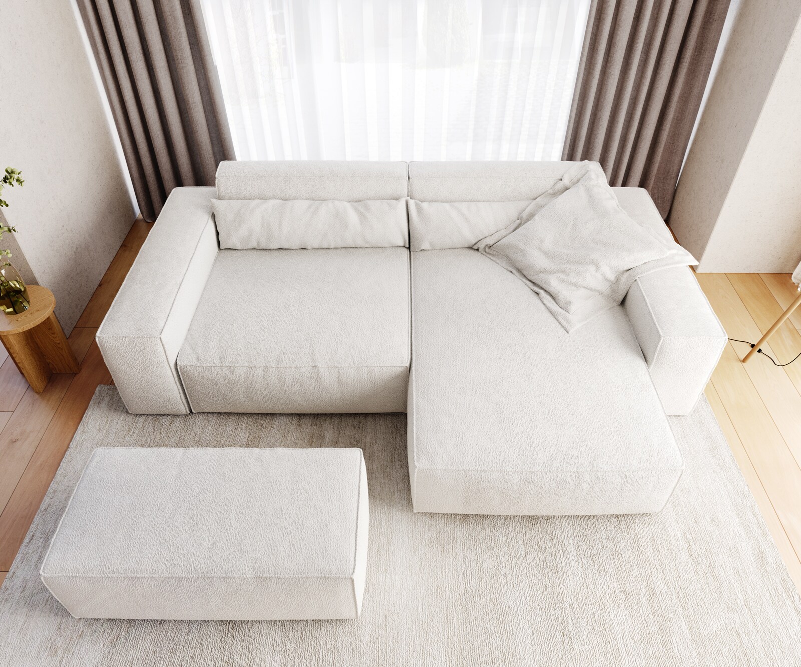 Ecksofa Sirpio XL 270x170 cm Bouclé Creme-Weiß Recamiere variabel mit Hocker 5