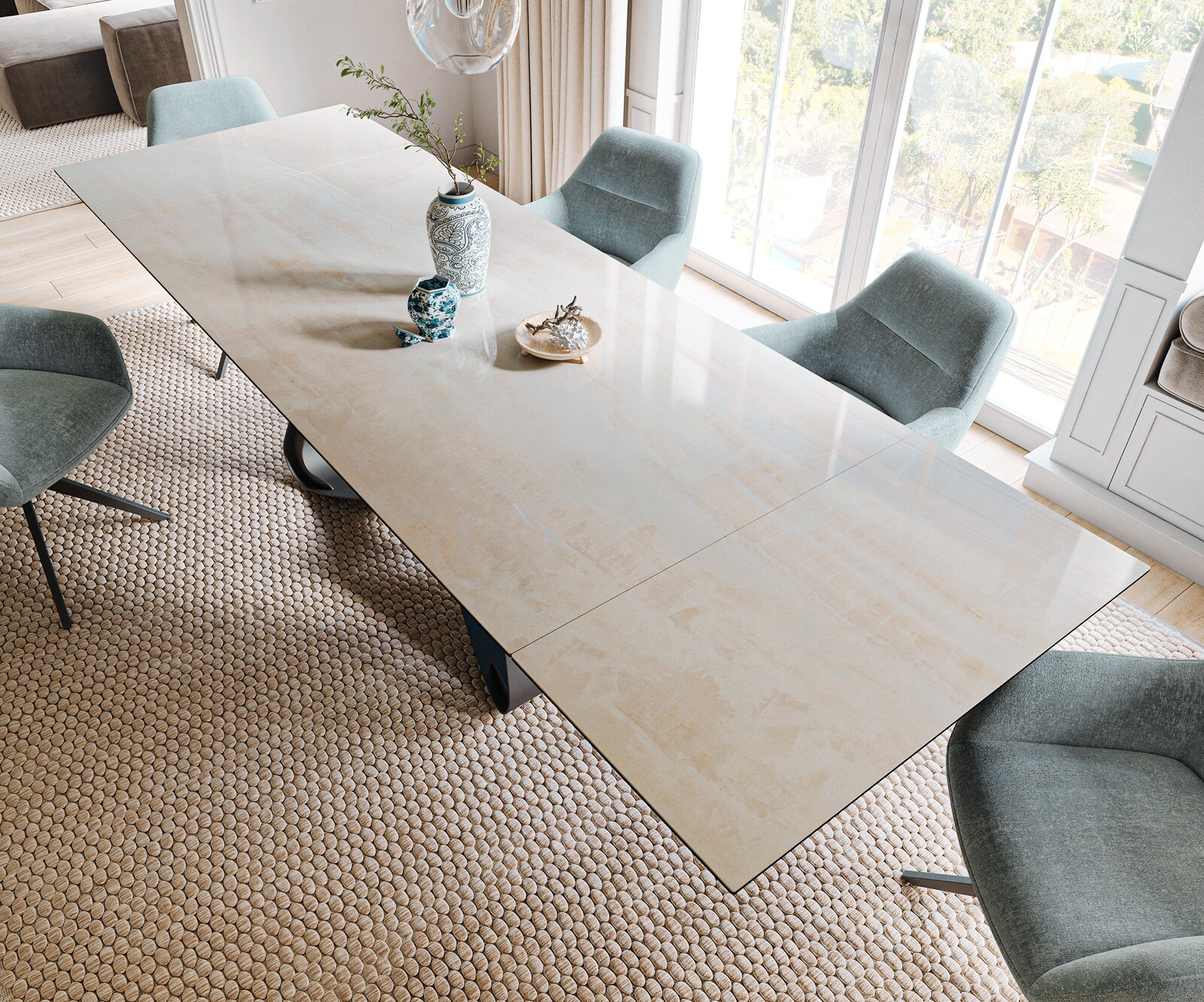 Esstisch Edge 200-300x100 cm Keramik Onyx Champagne W-Gestell Metall Schwarz ausziehbar 3