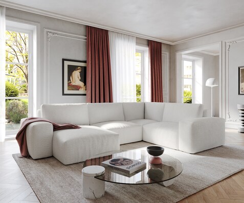 Grand canapé d’angle Lanzo 300x210 cm bouclé blanc crème méridienne réversible