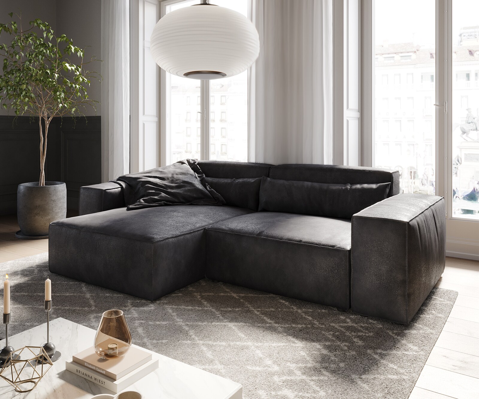 Canapé d'angle Sirpio 230x155 cm Cuir synthétique Vintage Anthracite Recamiere variable 1