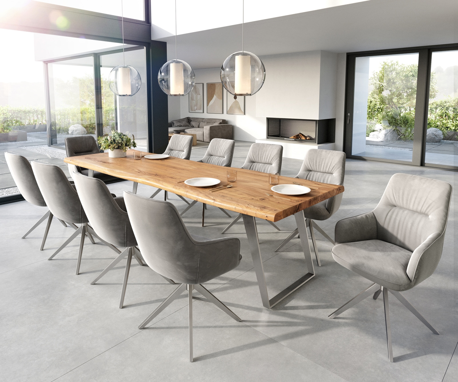 Esszimmerstuhl Zelia-Flex mit Armlehnen Samt Grau Kreuzgestell breit Edelstahl Taschenfederkern 3 Esszimmerstuhl Zelia-Flex mit Armlehnen Samt Grau Kreuzgestell breit Edelstahl Taschenfederkern 3