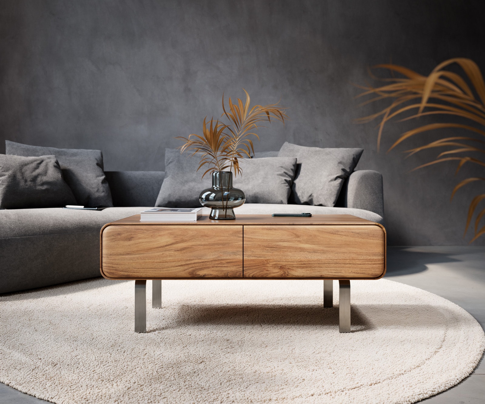Couchtisch Anaya 100x50 cm Akazie Natur 2 Schubladen L-Fuß Edelstahl 1 Couchtisch Anaya 100x50 cm Akazie Natur 2 Schubladen L-Fuß Edelstahl 1