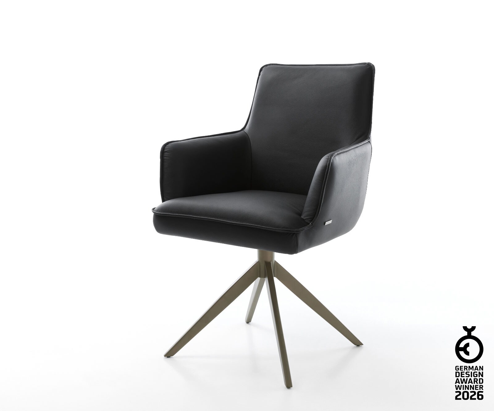 Drehstuhl Heira-Flex mit Armlehnen Echt-Leder Schwarz Kreuzgestell breit Effektfinish Titan 360° drehbar Wippfunktion Taschenfederkern