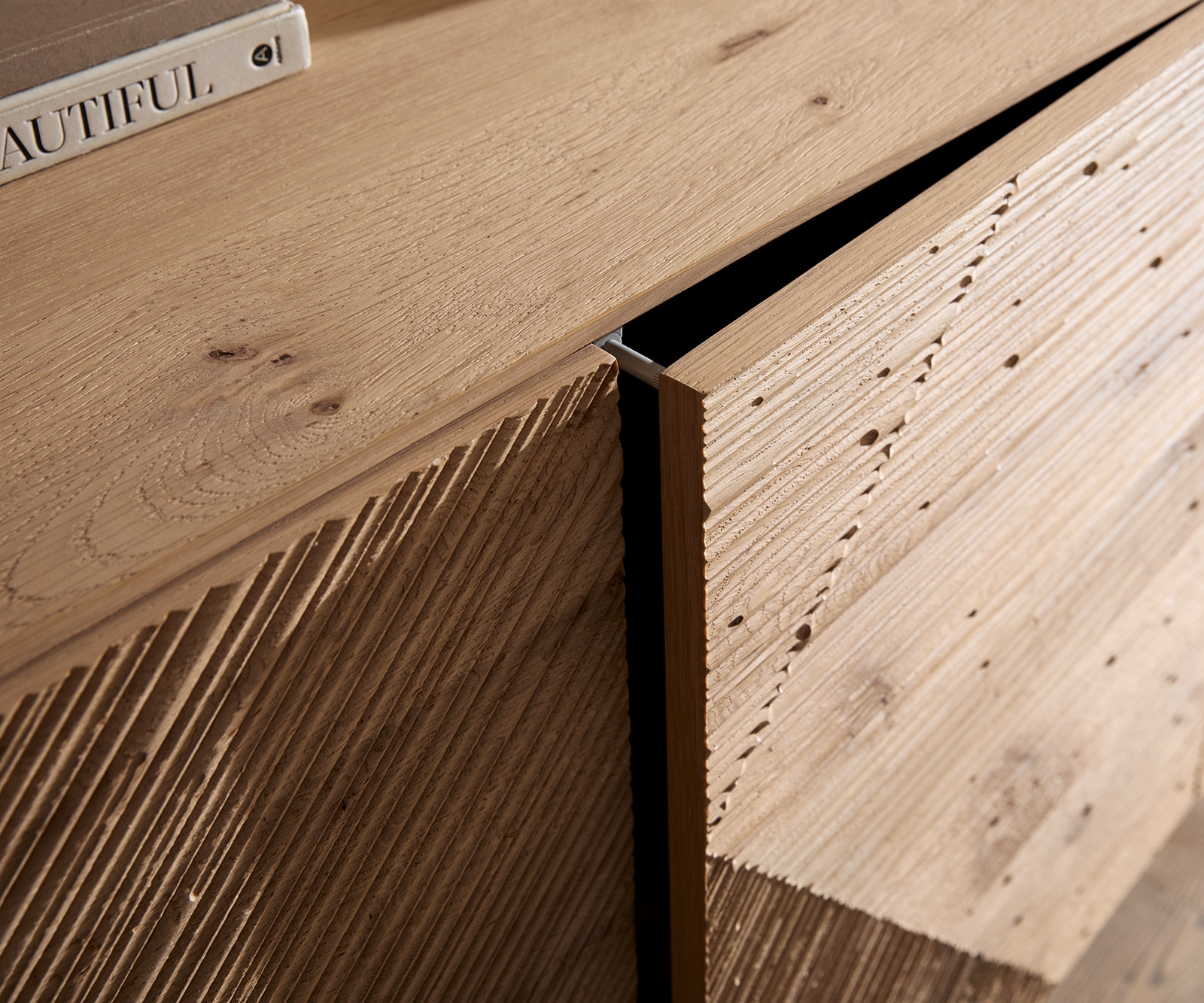 Sideboard Tereos 200 cm Eiche Natur 3D Effekt 4 Türen Kufe Edelstahl gebürstet 5 Sideboard Tereos 200 cm Eiche Natur 3D Effekt 4 Türen Kufe Edelstahl gebürstet 5