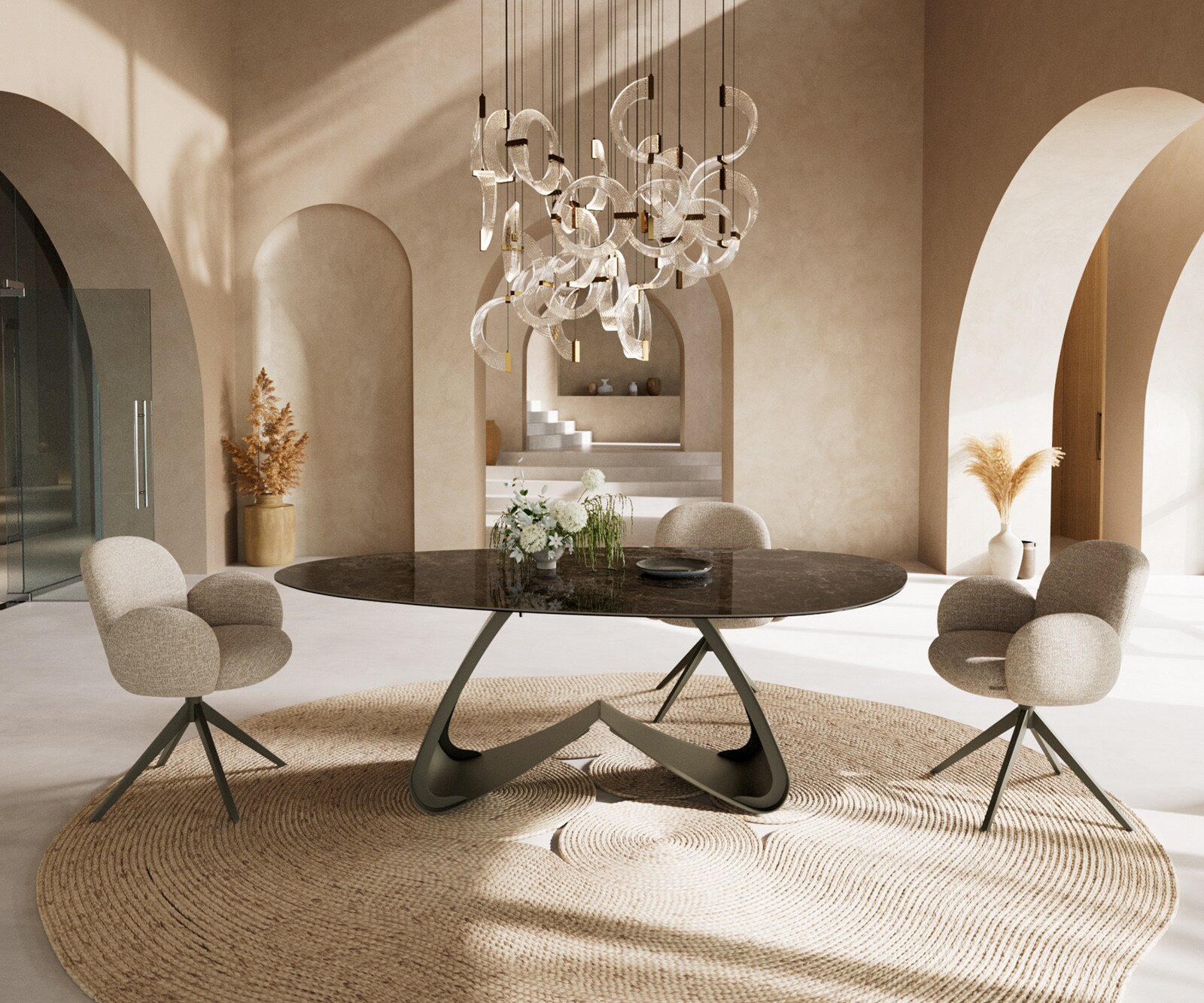 Table à manger Edge ovalee 220x120 céramique Laminam® Emperador Extra Lucidato marron foncé cadre en W métal effet finition titanee 4