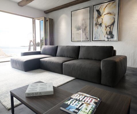 Ecksofa Lanzo XL 380x180 cm Lederimitat Vintage Anthrazit Recamiere variabel