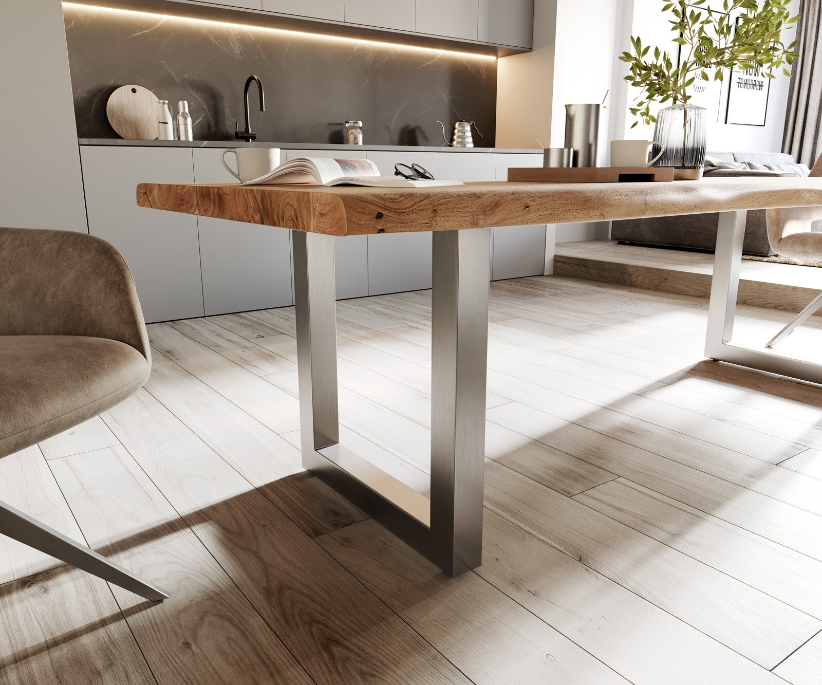 Table-à-manger Edge 260x100 XL acacia nature acier inoxydable large Live-Edge 5