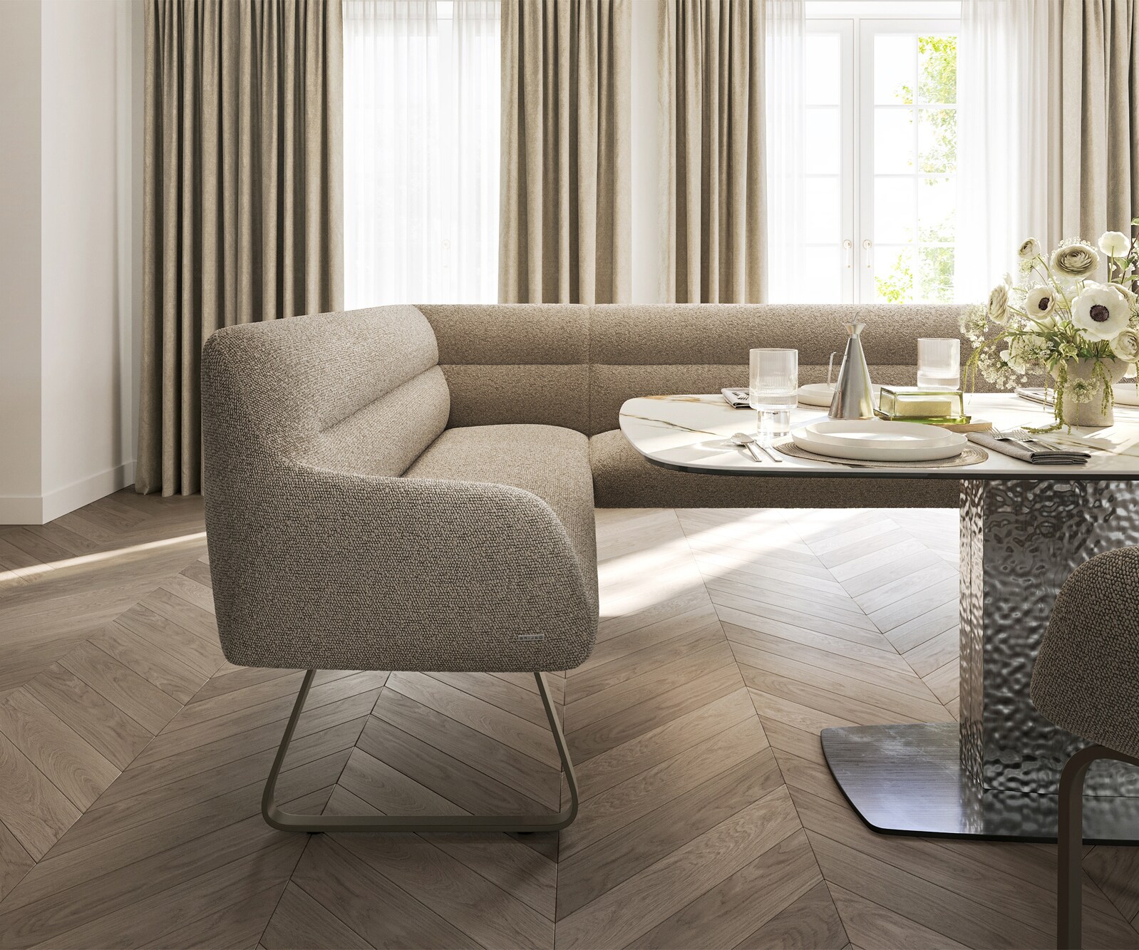 Esszimmerbank Taya-Flex 285x190 cm Bouclé Schlamm Kufengestell flach Effektfinish Titan Taschenfederkern Rechts 4