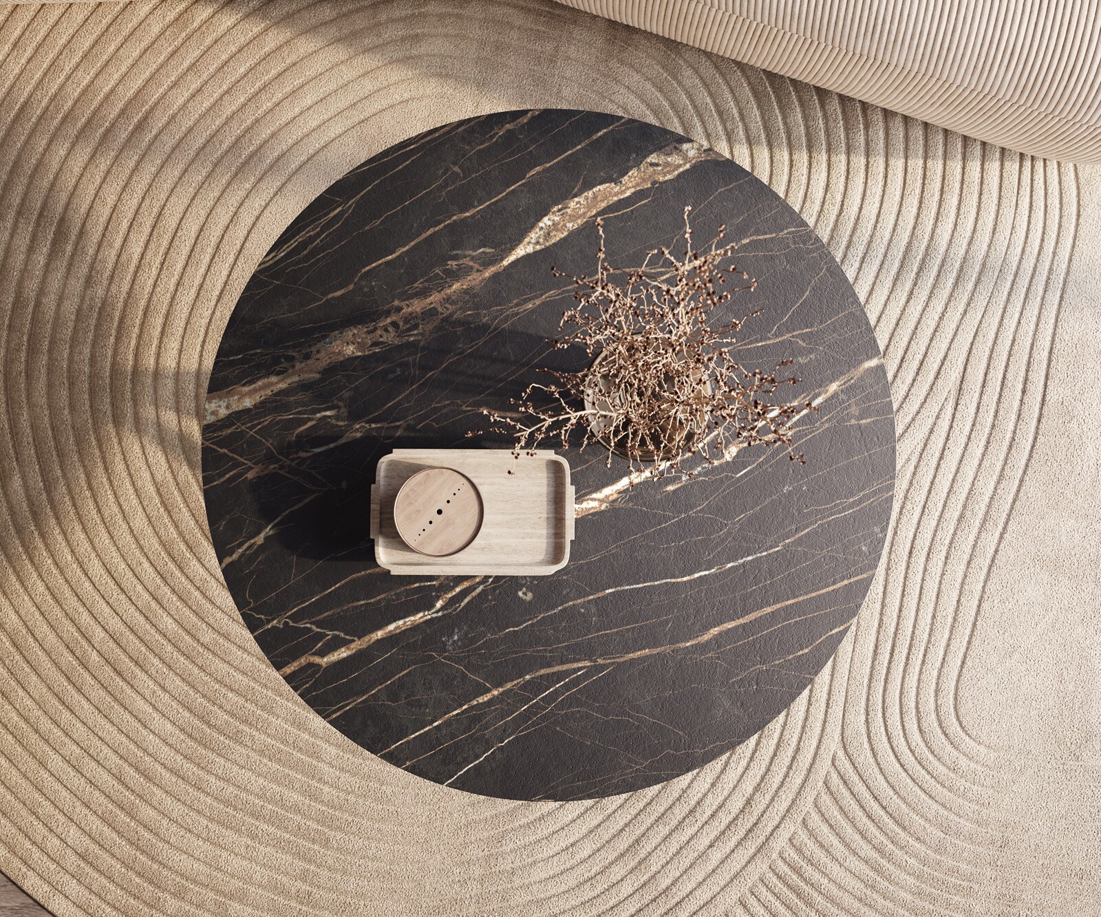 Table basse Edge rond 100x100 cm céramique Laminam® Noir Desir brun Sarity métal noir 1