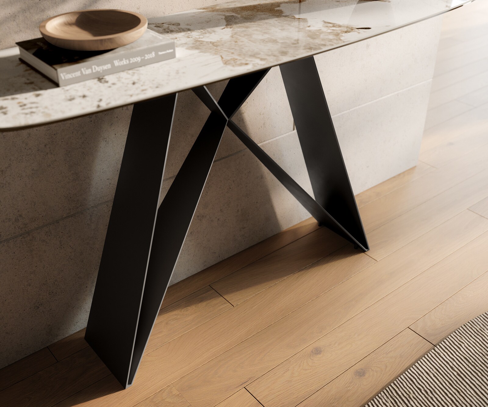 Console Edge forme bateau 140x40 cm Céramique Minas Melange Weiß-Beige Velio Métal Noir 6