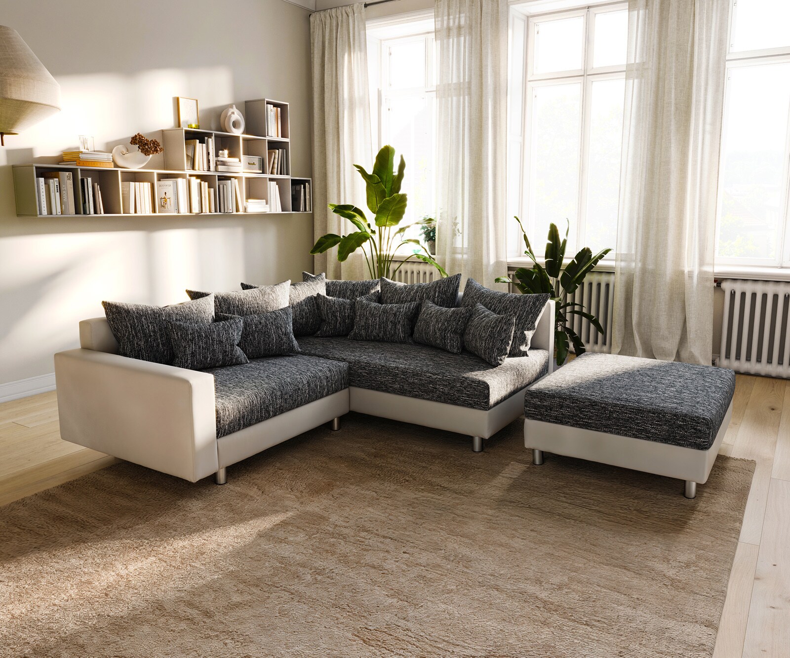 Canapé-d'angle Clovis Blanc Noir avec tabouret et accoudoirs poufs droite  1