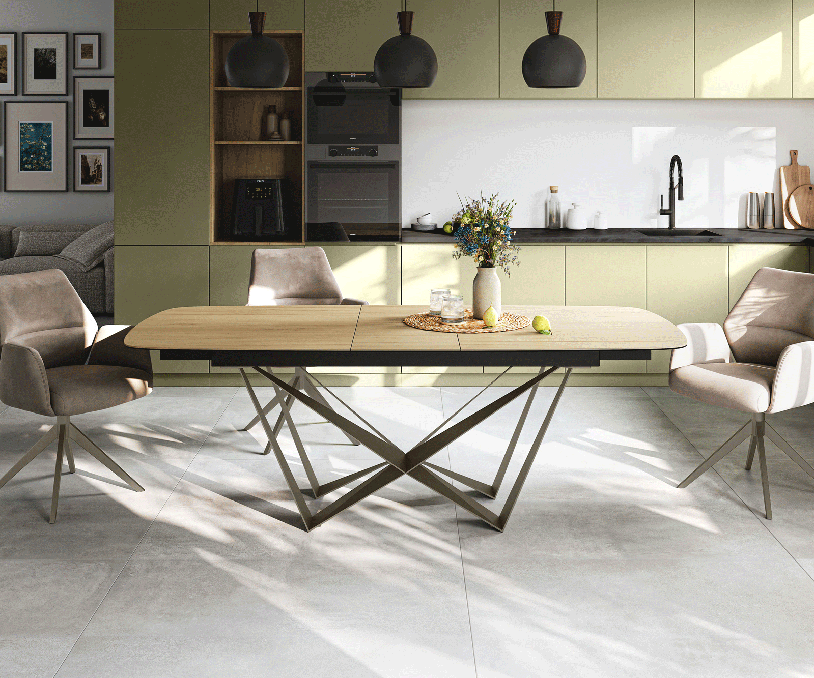 Esstisch Edge Boot 180-220x100 cm Keramik Laminam® Sabbia Eichefarbig Spider Metall Effektfinish Titan ausziehbar 1