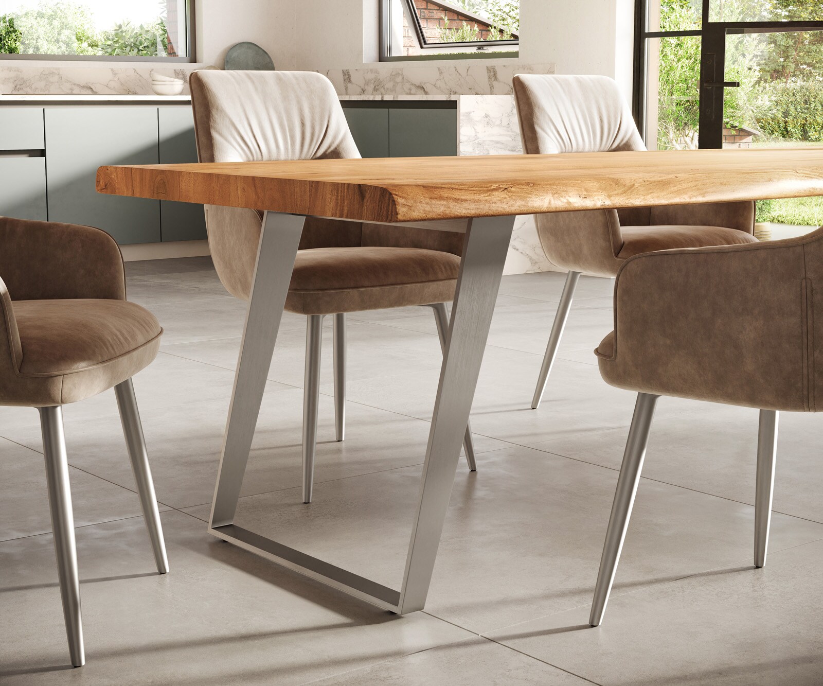 Table-à-manger Edge 300x100cm XL acacia nature acier inoxydable argent incliné Live-Edge 5