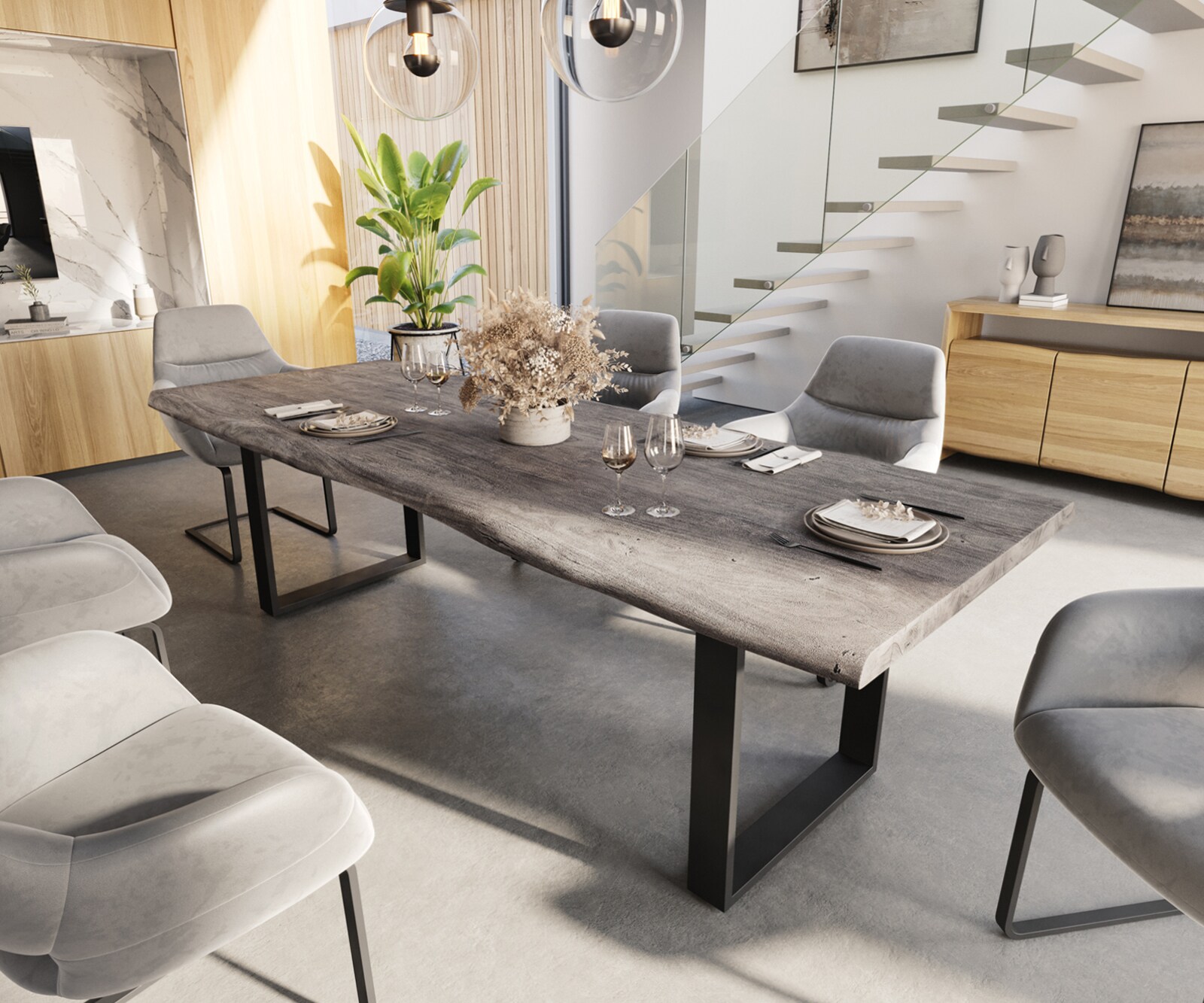 Esstisch Edge 260x100 XL Akazie Platin Kufe Schwarz Live-Edge 1