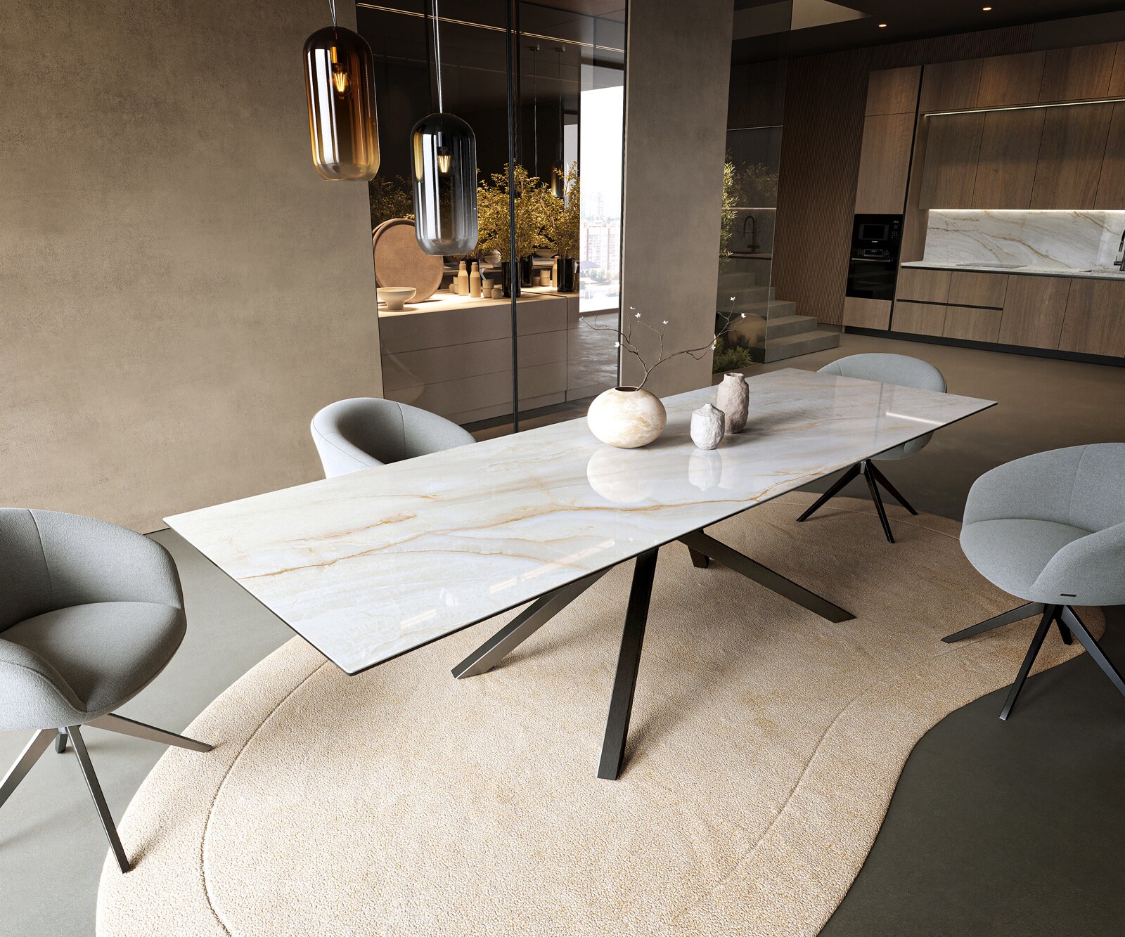 Table à manger Edge 300x100 cm céramique Onyx Pearl piètement croisé rectangulaire inox graphite