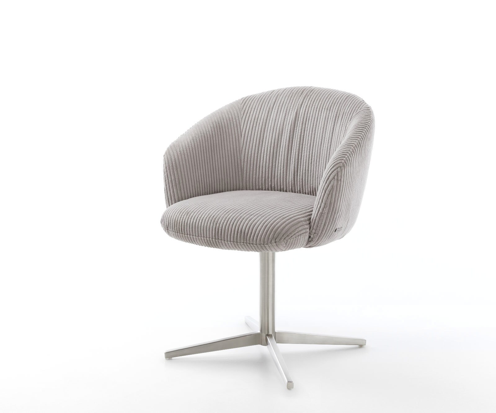 Chaise-pivotante Caja-Flex avec accoudoirs côtelé gris argenté pied de chaise 4 branches acier inoxydable brossé pivotement sur 360° ressorts ensachés