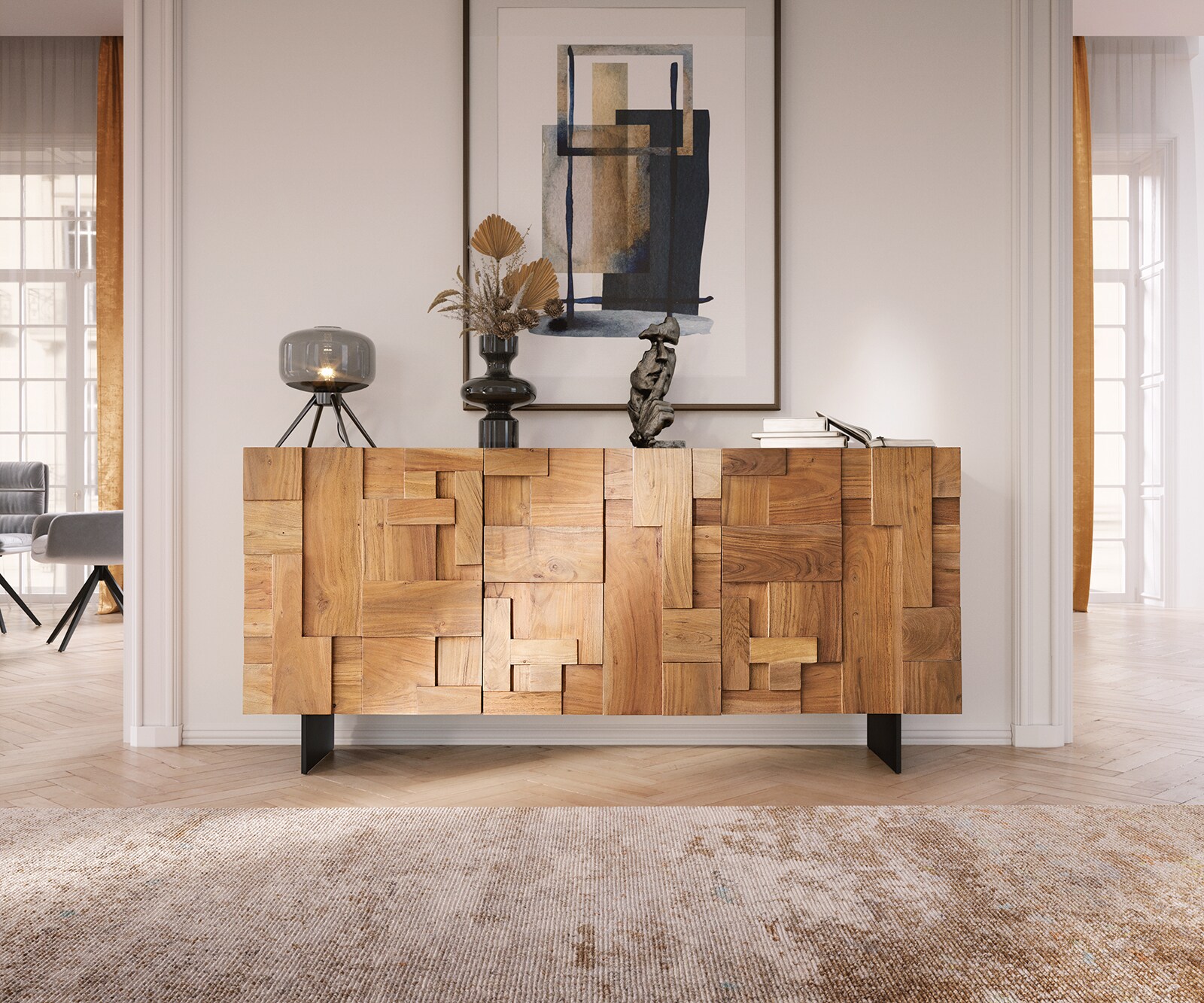 Sideboard Puzzle 175 cm Akazie Natur 3 Türen Fuß schwebend Metall Schwarz 1 Sideboard Puzzle 175 cm Akazie Natur 3 Türen Fuß schwebend Metall Schwarz 1