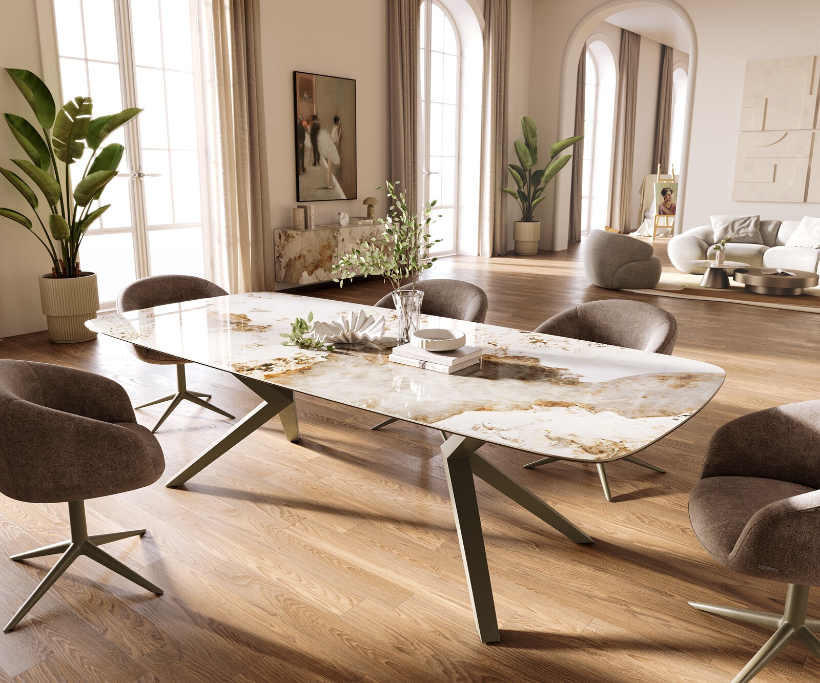 Esstisch Edge Boot 260x120 cm Keramik Minas Melange Weiß-Beige Zenthara kantig Metall Effektfinish Titan