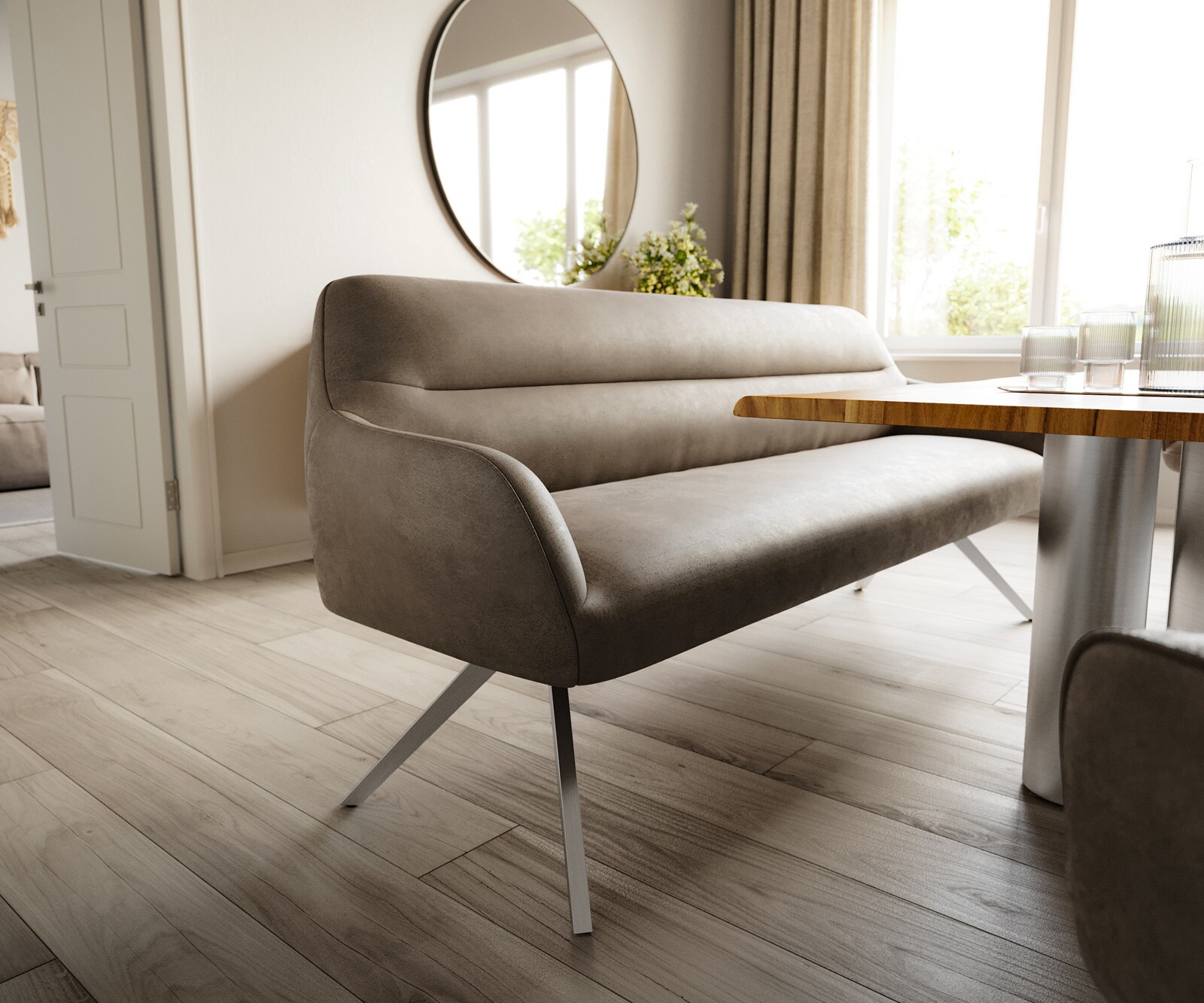 Banc-de-salle-à-manger Taya-Flex 200 cm microfibre taupe vintage pied croisé angulaire acier inoxydable ressort ensaché 4