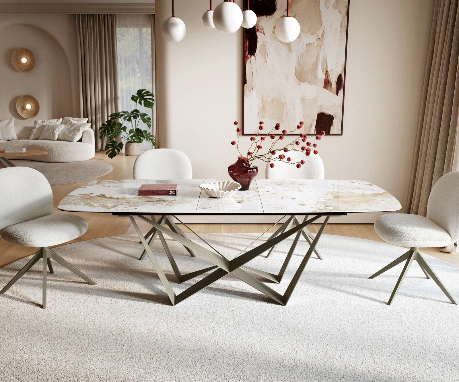 Esstisch Edge Boot 180-220x100 cm Keramik Minas Melange Weiß-Beige Spider Metall Effektfinish Titan ausziehbar 1