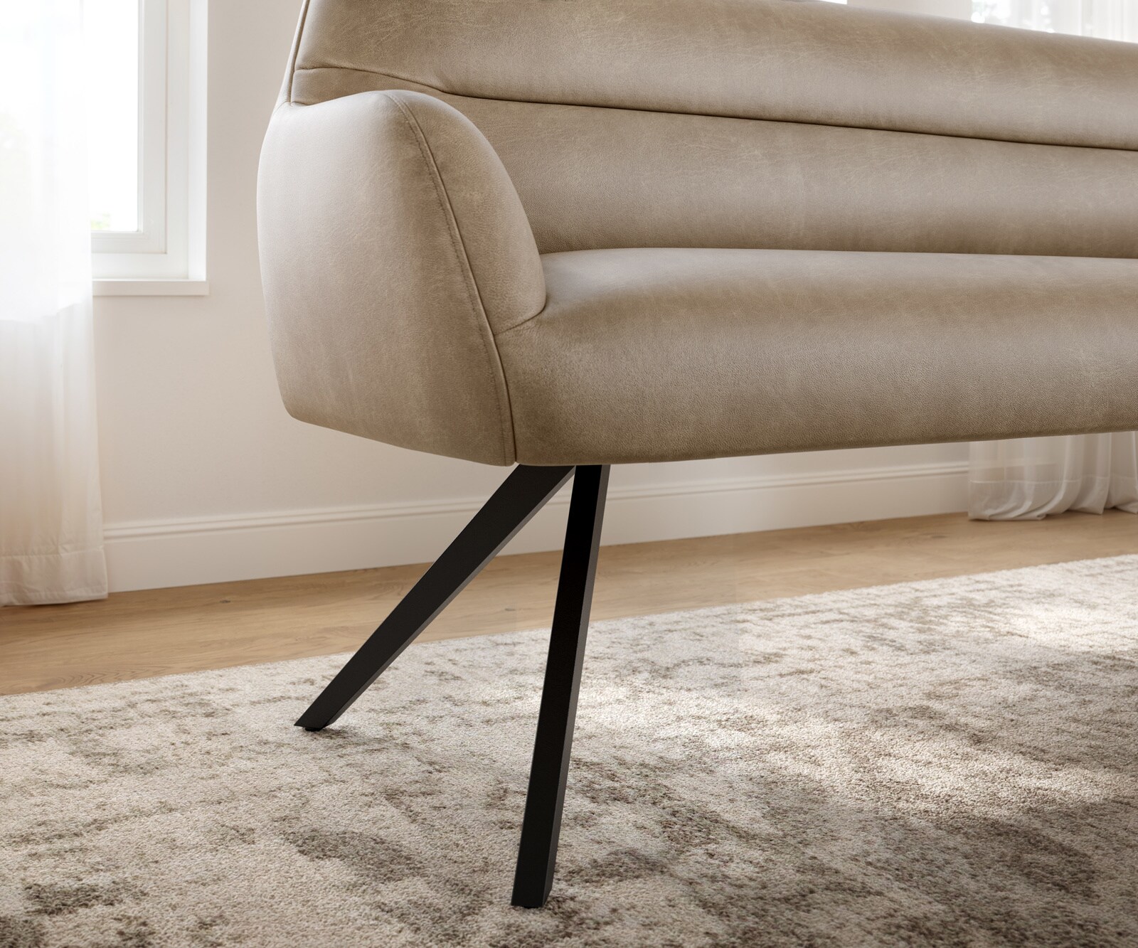 Banc-de-salle-à-manger Taya-Flex 200 cm microfibre beige vintage pied croisé angulaire noir ressort ensaché 4