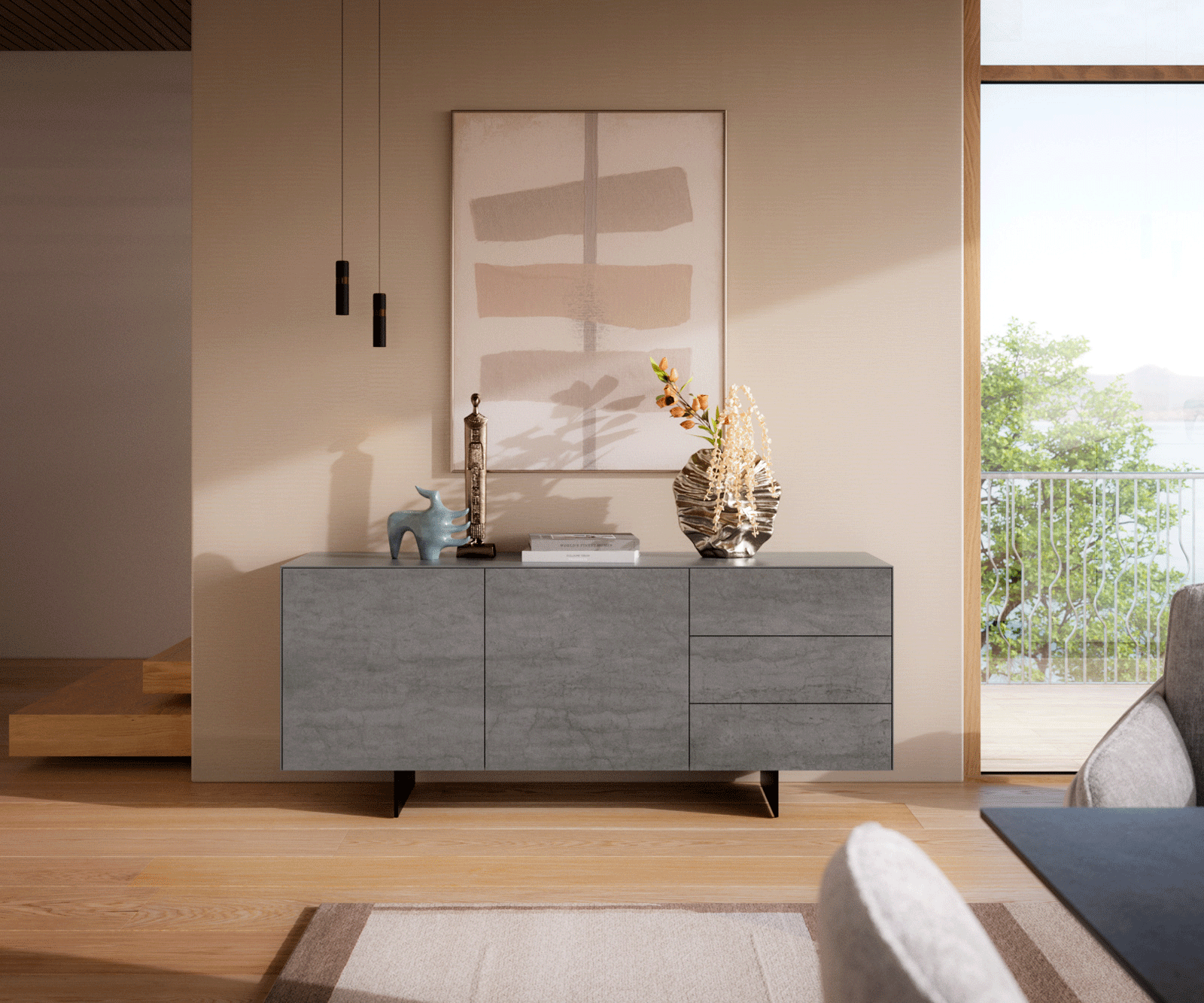 Sideboard Cuor 180 cm Keramik Beton Grau 2 Türen 3 Schubfächer Fuß Schwebeoptik Metall Schwarz 1