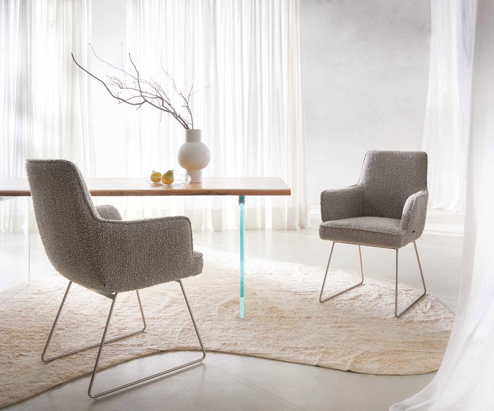 Esszimmerstuhl Heira-Flex mit Armlehnen Bouclé Silbergrau Kufengestell Edelstahl Taschenfederkern 5 Esszimmerstuhl Heira-Flex mit Armlehnen Bouclé Silbergrau Kufengestell Edelstahl Taschenfederkern 5