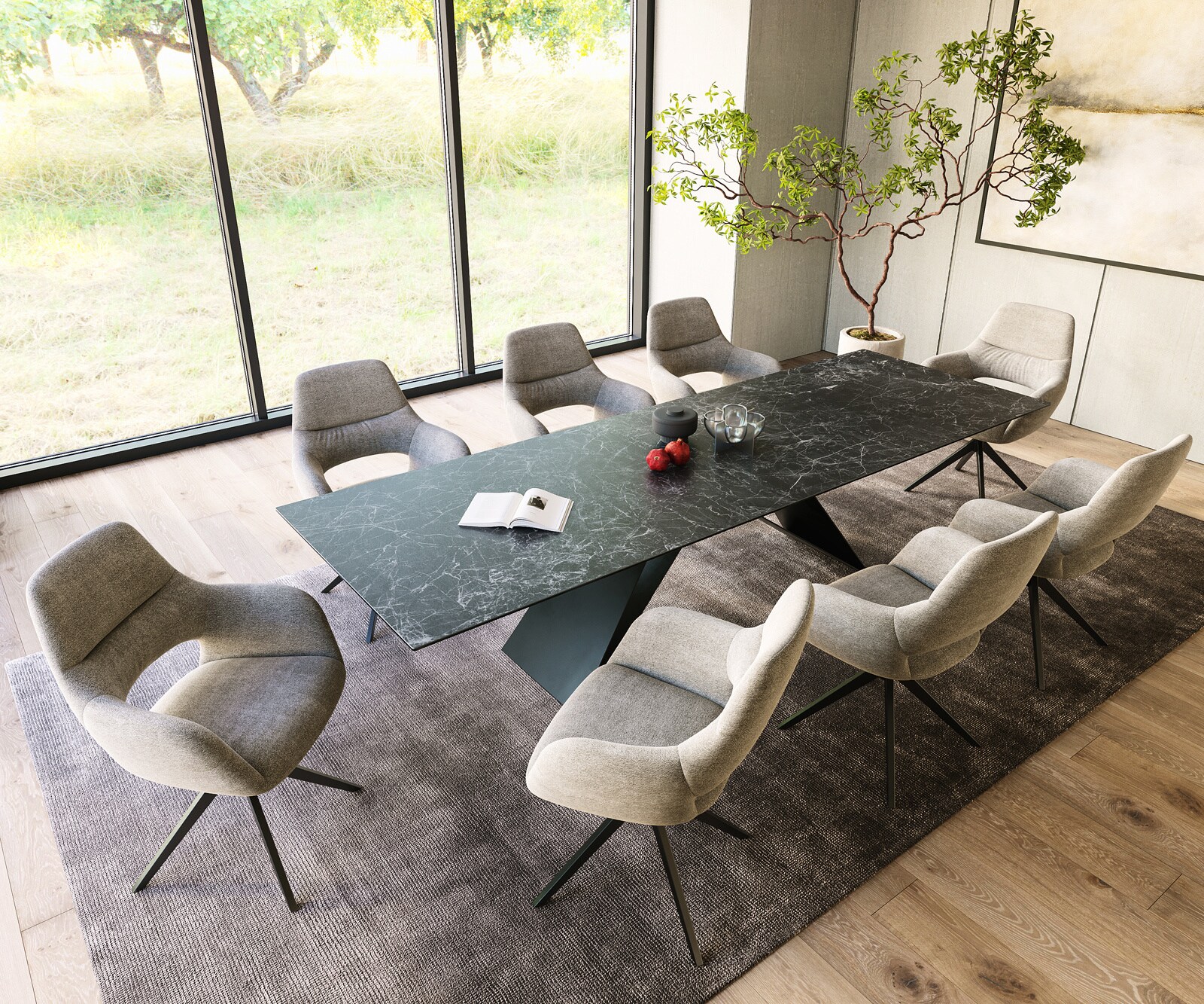 Table-à-manger Edge 300x100cm Laminam® céramique gris V-pieds milieu noir 5