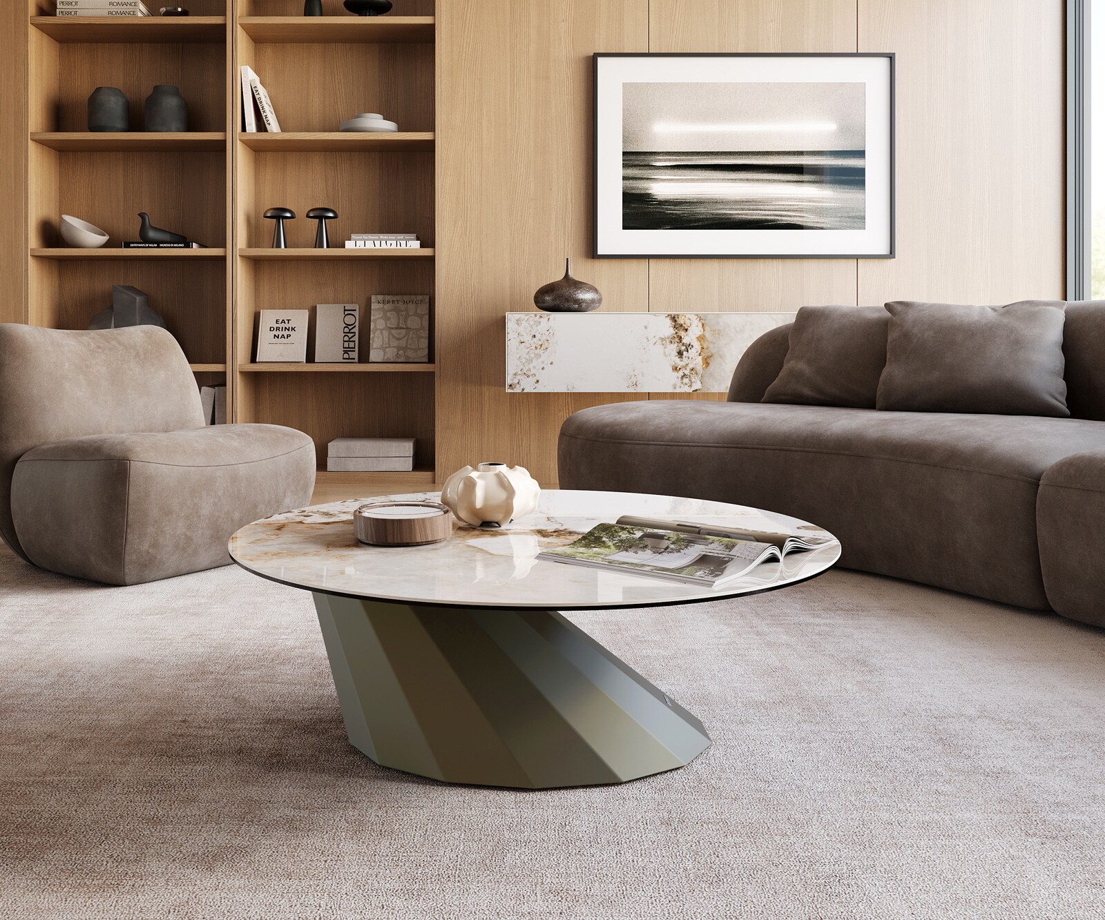 Table basse Edge rond 100x100 cm céramique Minas Melange Parabi Metall finition effet titane 2