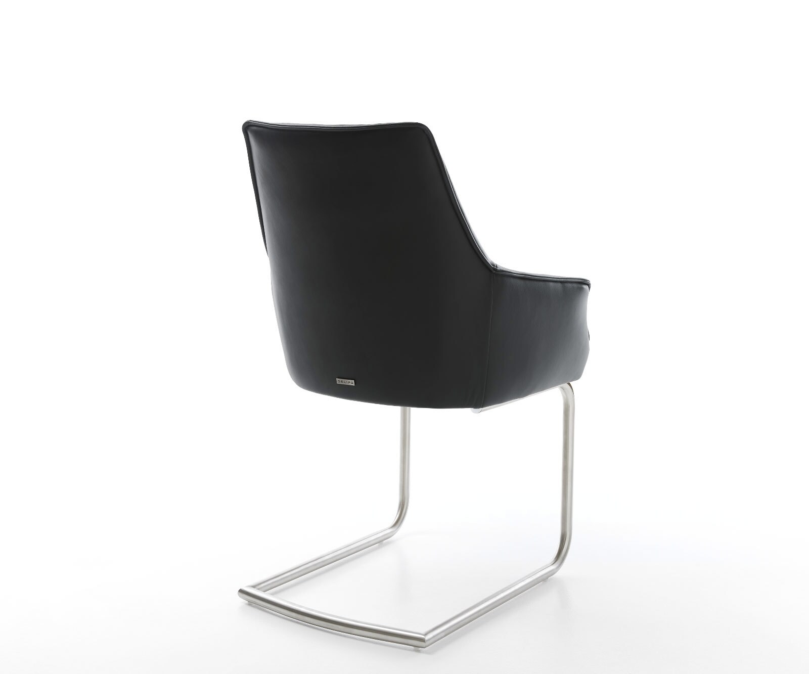 Cantilever Alja-Flex avec accoudoirs cuir de vache noir pied cantilever rond acier inoxydable brossé ressorts ensachés 4