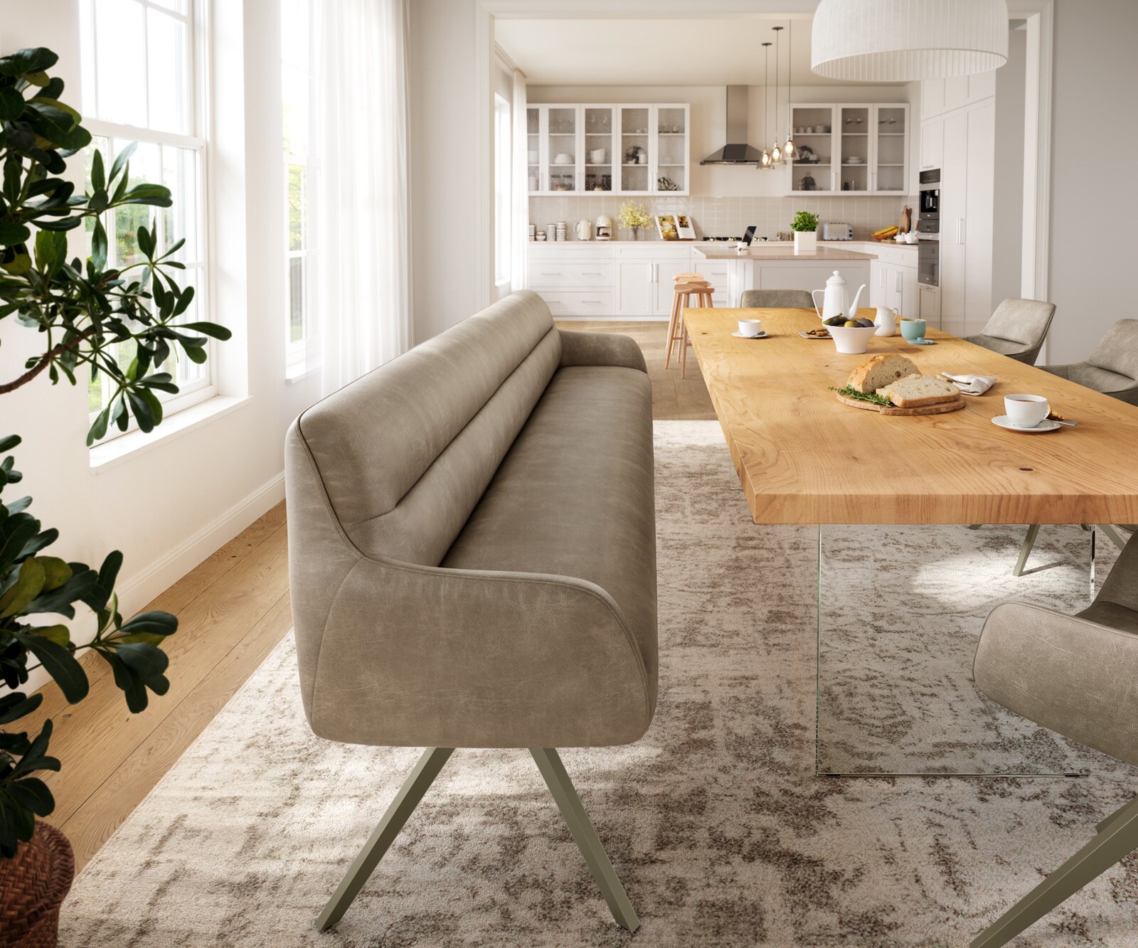 Banc-de-salle-à-manger Taya-Flex 300 cm microfibre beige vintage pied croisé angulaire titane ressort ensaché 2