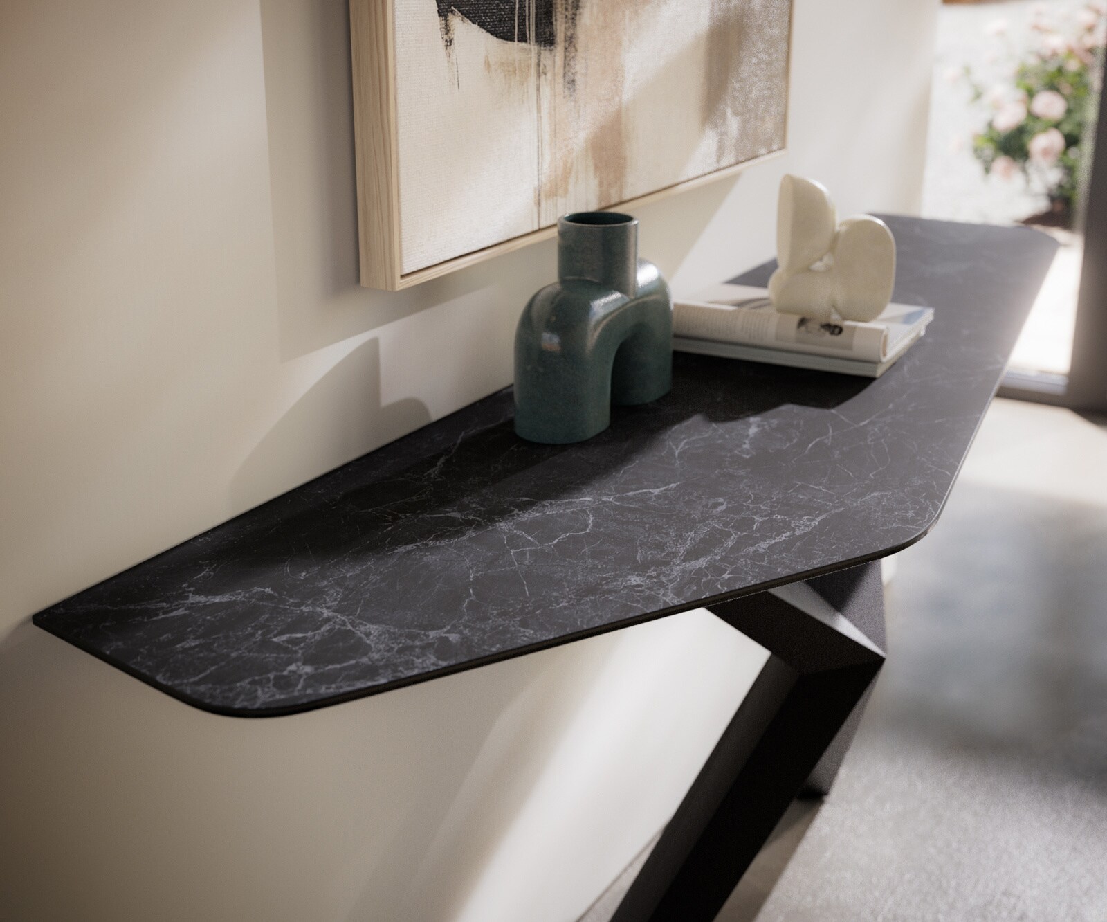 Konsolentisch Edge Polygonal 180x50 cm Keramik Laminam® Nero Greco Anthrazit Zentharo Metall Schwarz 1