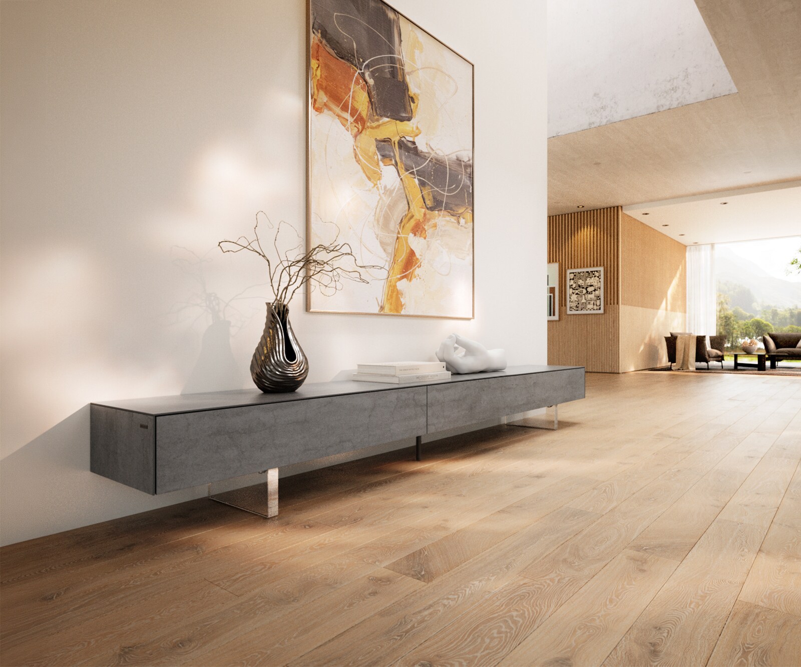Lowboard Cuor 250 cm Keramik Beton Grau 1 Klappe 1 Schubfach Fuß Schwebeoptik Acrylglas