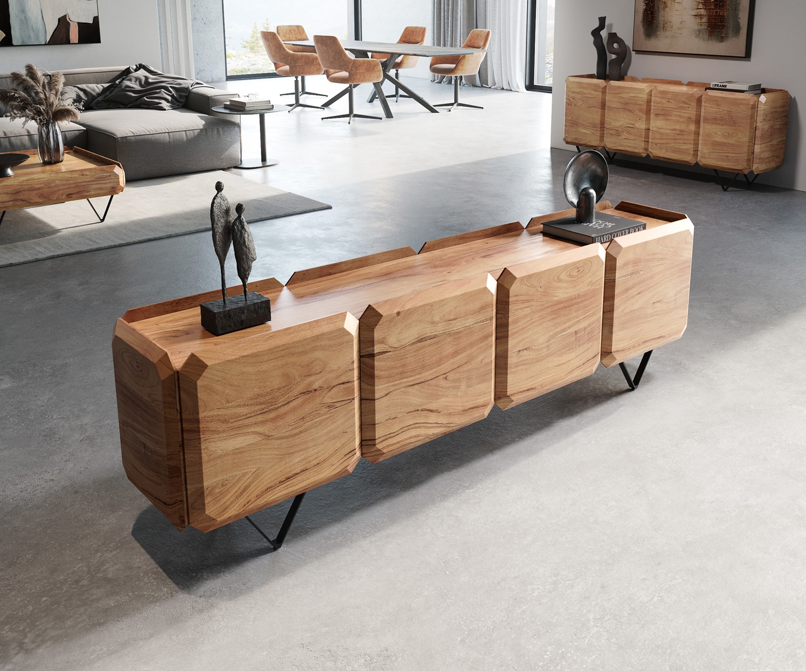 Lowboard Kiano 200 cm Akazie Natur 4 Türen V-Fuß Schwarz Raumteiler Lowboard Kiano 200 cm Akazie Natur 4 Türen V-Fuß Schwarz Raumteiler