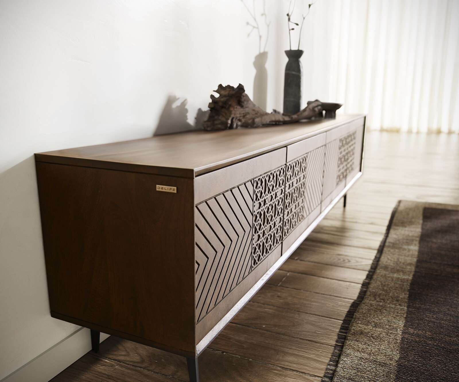 Lowboard Manjula 200 cm Mango Braun 4 Türen Winkelfuß Metall Schwarz 4 Lowboard Manjula 200 cm Mango Braun 4 Türen Winkelfuß Metall Schwarz 4