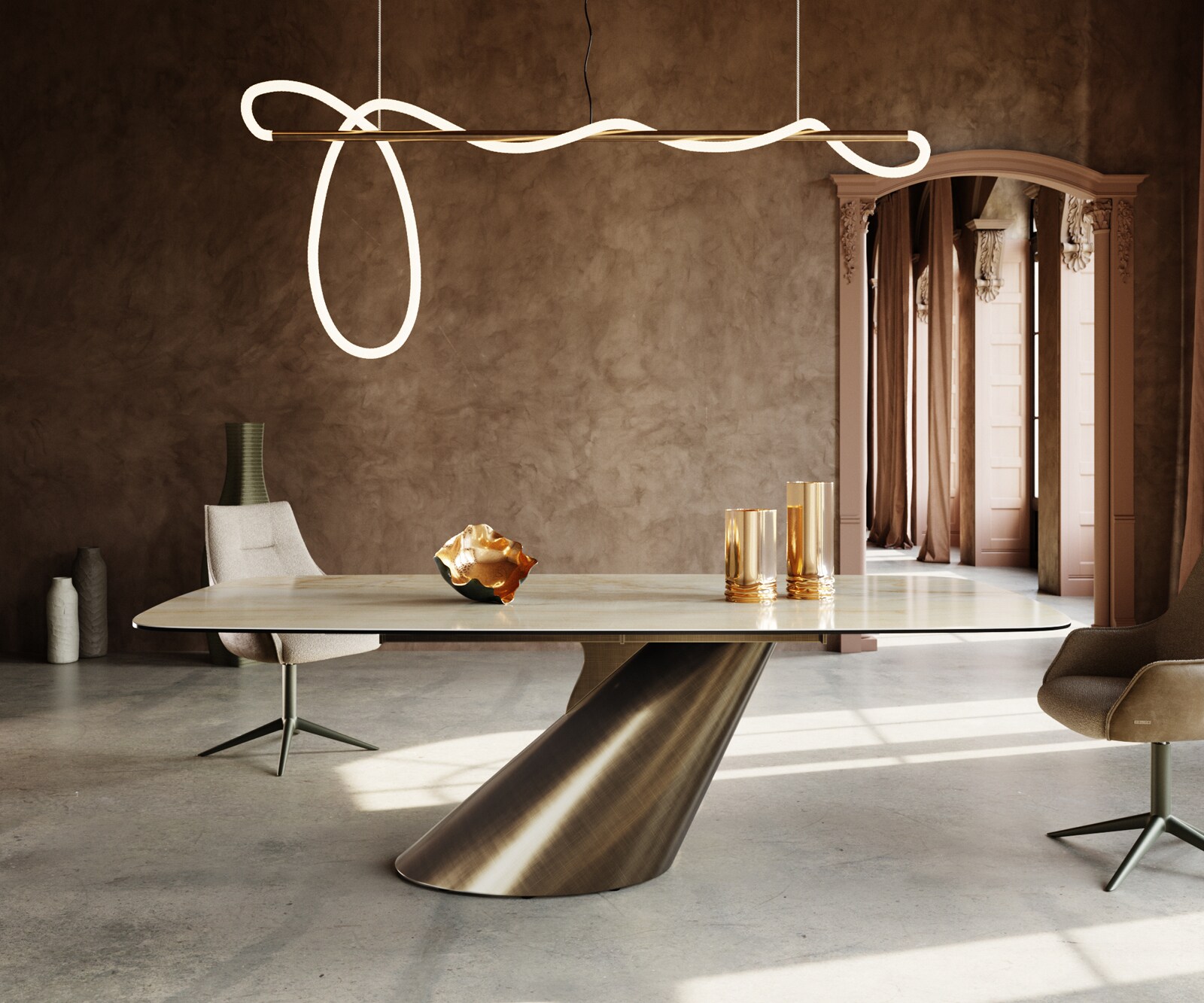 Table à manger Edge Boot 240x120 céramique Iris FMG Onice Oro Cono métallique doré 1